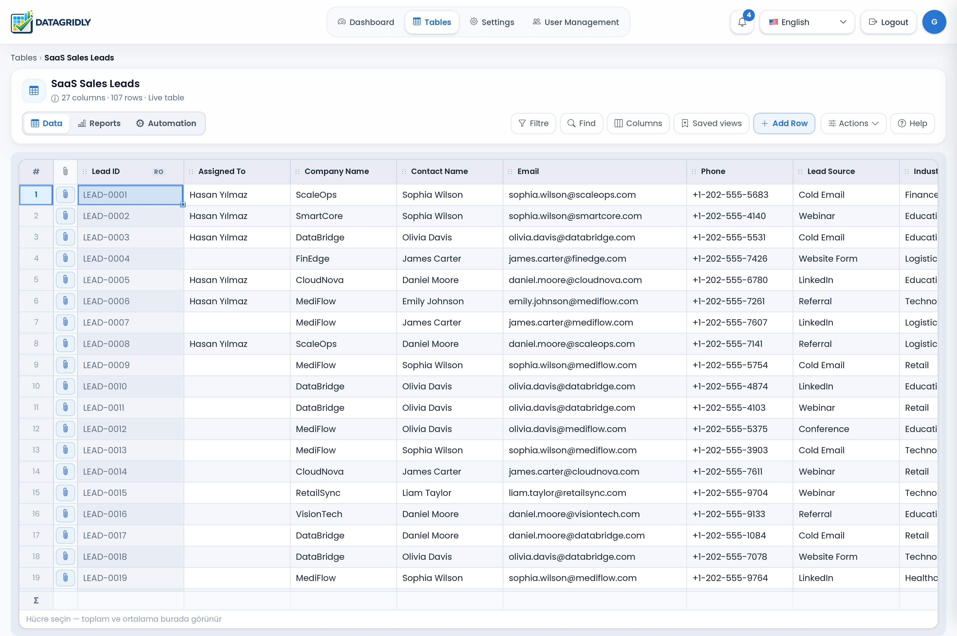 DataGridly workspace — smart tables and operations view